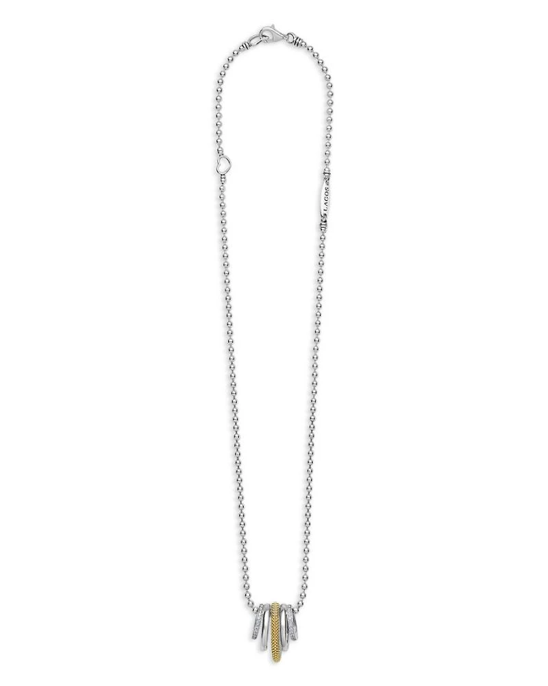 Two Tone Caviar Lux Five Ring Pendant Necklace with Diamonds, 16-18"