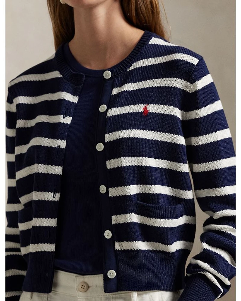 Striped Cotton Crewneck Cardigan