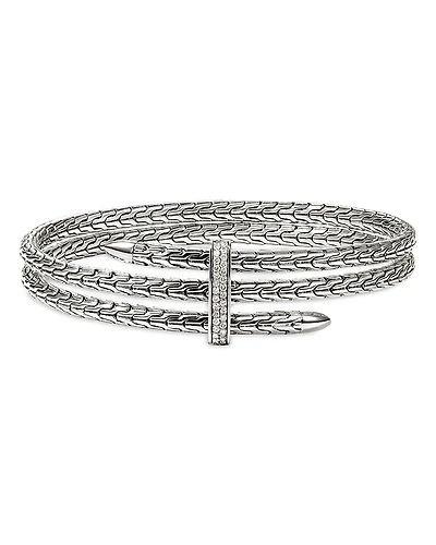 John Hardy Sterling Silver Spear Diamond Pave Double Flex Cuff Bracelet