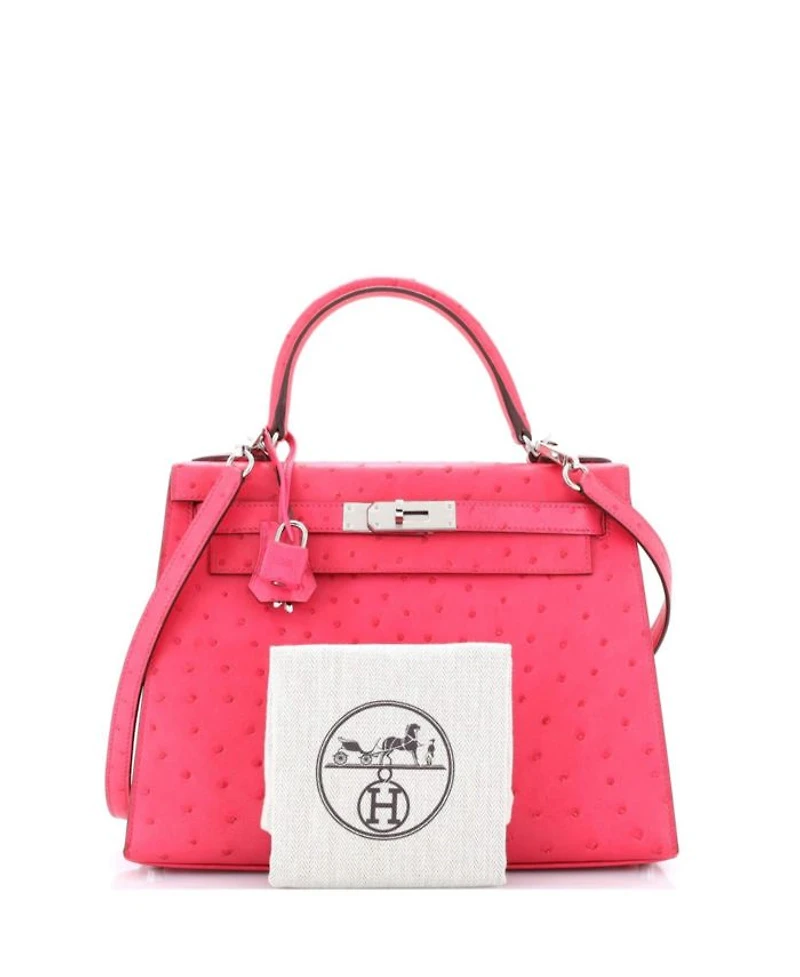 Pre-Owned HERMES Pre-Owned Hermes Kelly 28 Handbag Pink Ostrich with Palladium Hardware