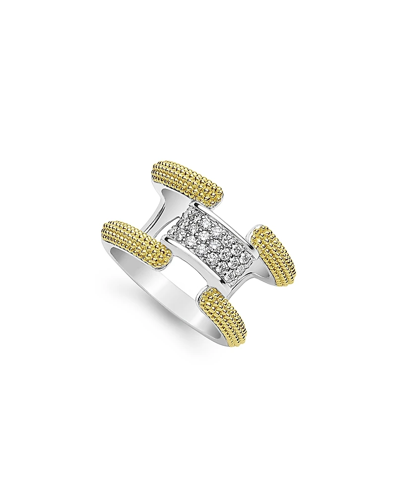 Lagos 18K Yellow Gold & Sterling Silver Caviar Lux Clip Diamond Pave Statement Ring