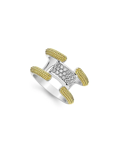 Lagos 18K Yellow Gold & Sterling Silver Caviar Lux Clip Diamond Pave Statement Ring