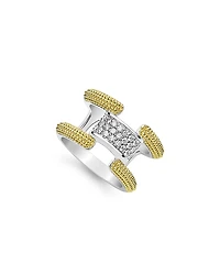 Lagos 18K Yellow Gold & Sterling Silver Caviar Lux Clip Diamond Pave Statement Ring