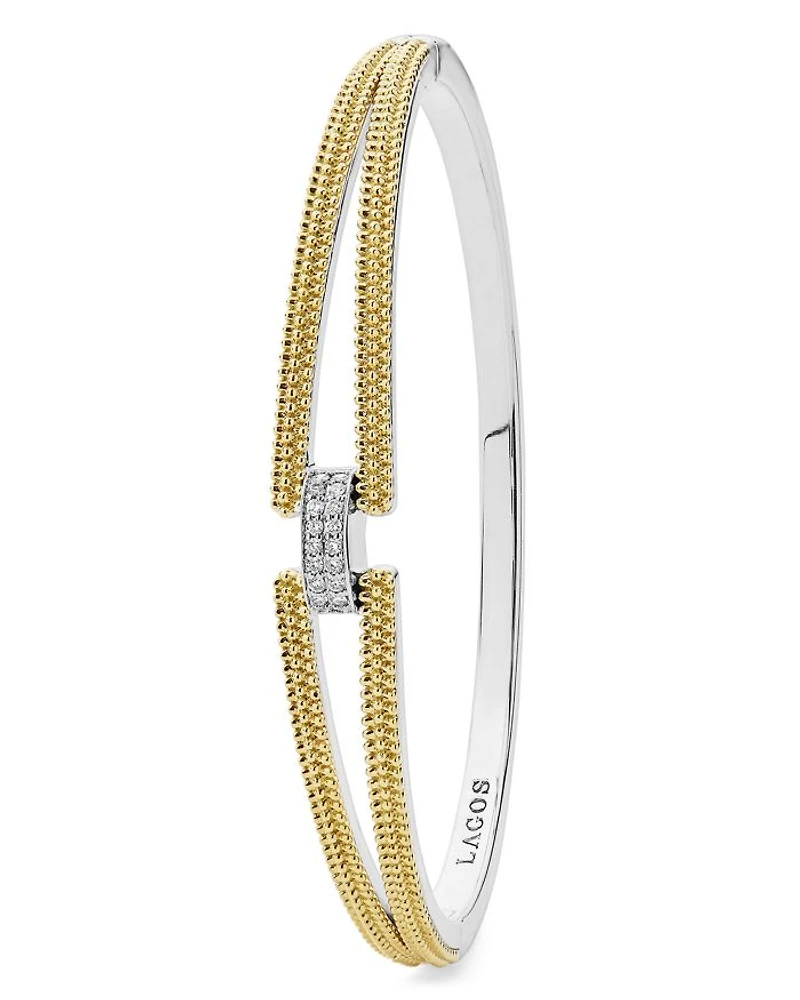18K Yellow Gold & Sterling Silver Caviar Lux Clip Diamond Pavé Bangle Bracelet