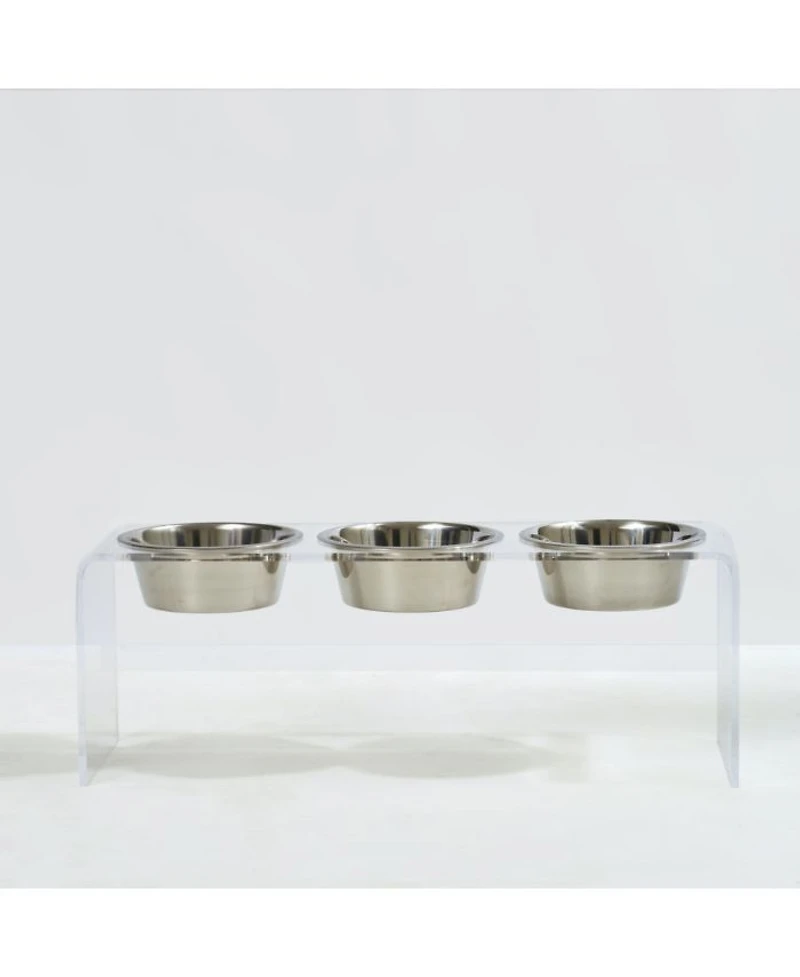 Tall Clear Triple Dog Bowl Feeder with 2 Quart Silver Bowls