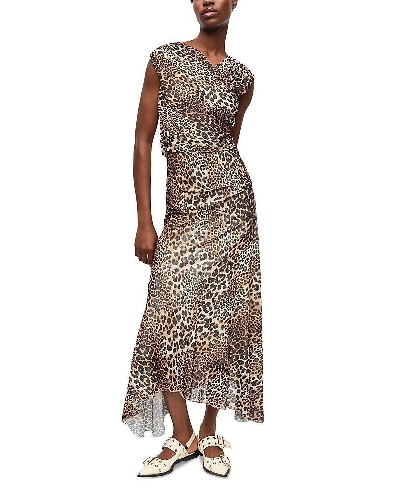 Ganni Leopard Printed Mesh Long Ruched Crossover Dress