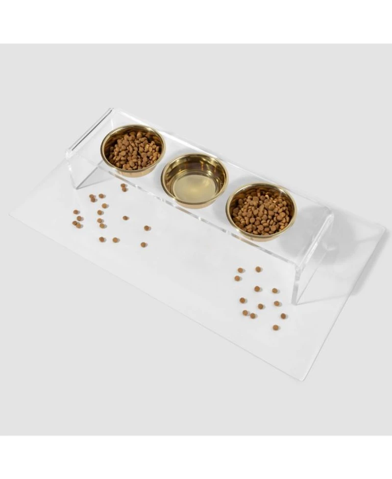 Tall Clear Triple Dog Bowl Feeder with 2 Quart Silver Bowls