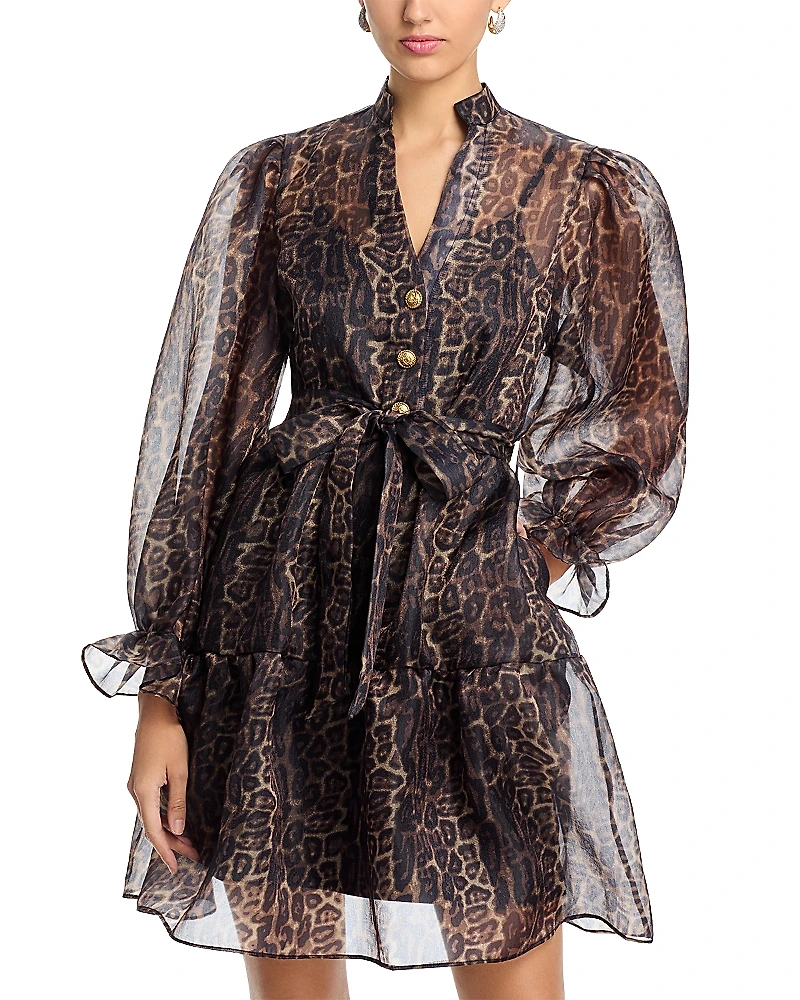 Nancy Yang Organza Leopard V Neck Tiered Dress