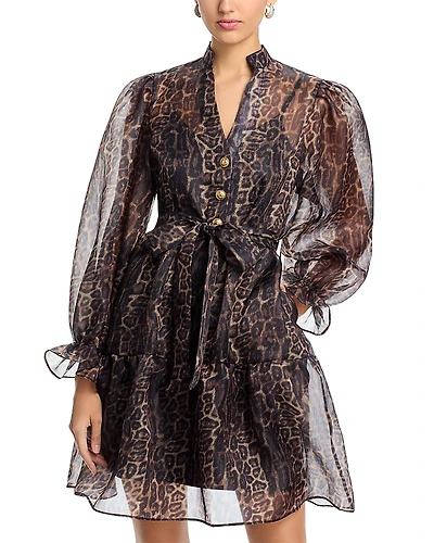 Nancy Yang Organza Leopard V Neck Tiered Dress