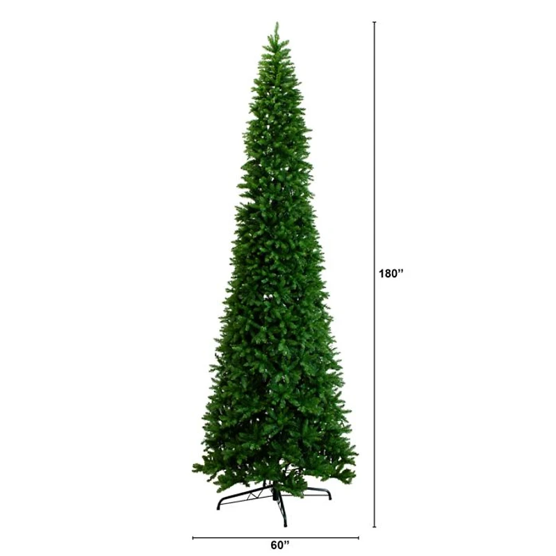 15' Artificial Slim Green Mountain Pine Christmas Tree with 1900 Warm White LED Lights and 5460 Branches