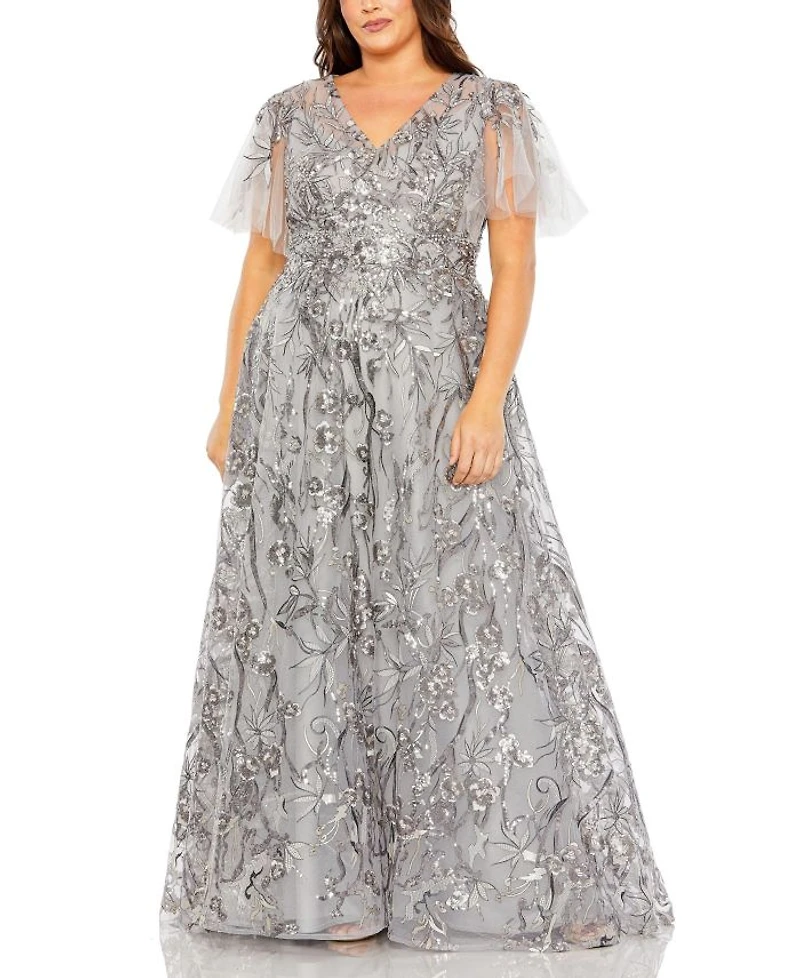 Plus High Neck Flutter Sleeve Embellished A-Line Gown