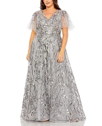 Plus High Neck Flutter Sleeve Embellished A-Line Gown