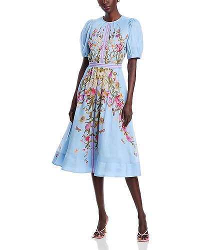 Teri Jon by Rickie Freeman Silk Linen Floral Puff Sleeve Dress