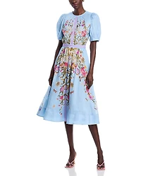 Teri Jon by Rickie Freeman Silk Linen Floral Puff Sleeve Dress