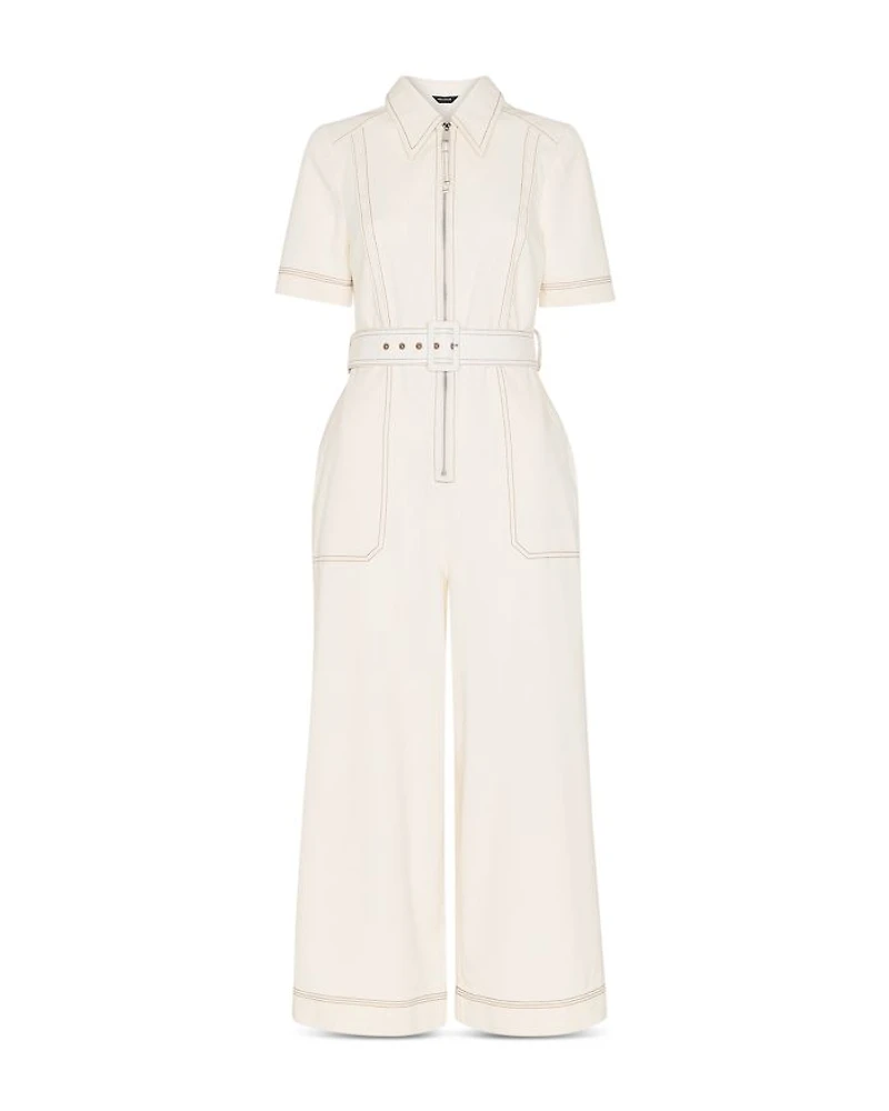 Petite Denim Pintuck Belted Jumpsuit