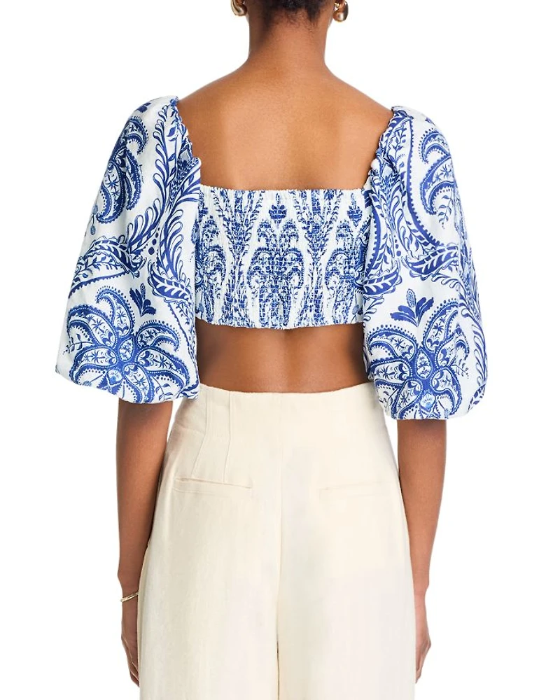 Linen Balloon Sleeve Cropped Top
