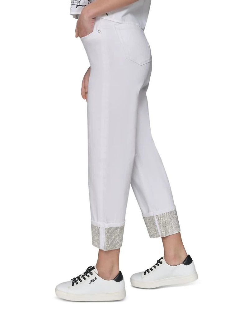 High Rise Crystal Cuff Jeans White