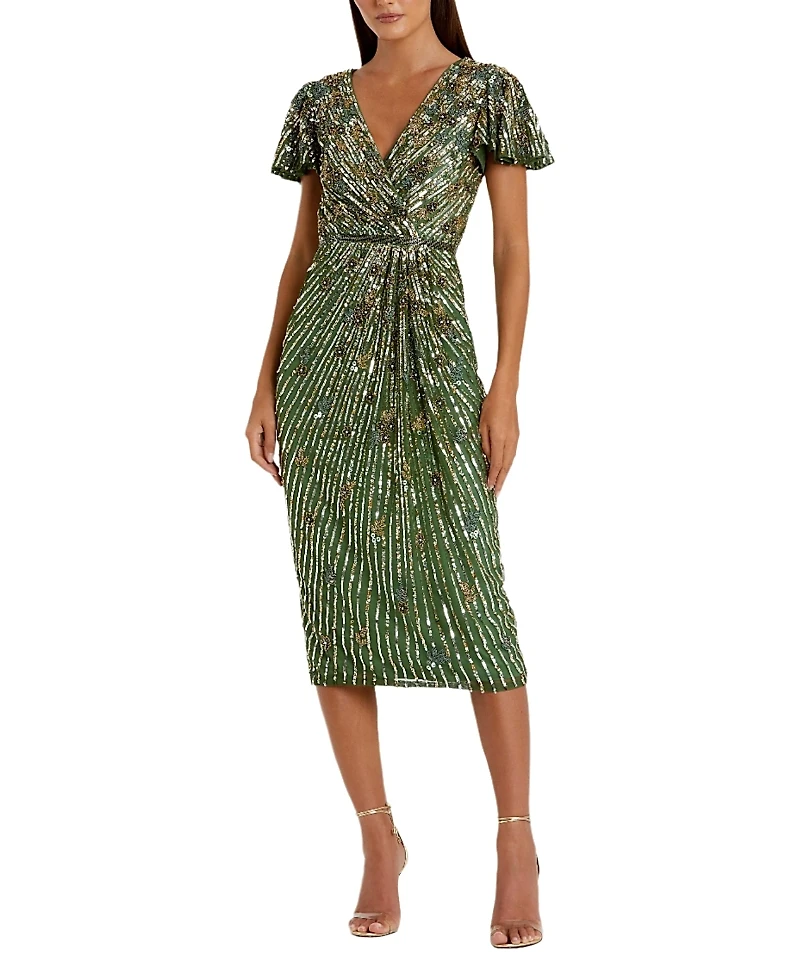 Mac Duggal Embellished Faux Wrap Flutter Sleeve Dress