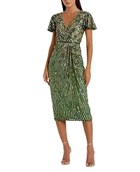 Mac Duggal Embellished Faux Wrap Flutter Sleeve Dress