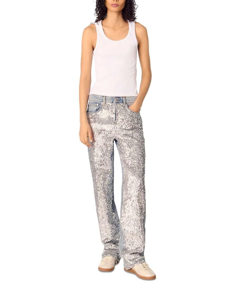 Sequined High Rise Straight Jeans Blue Sky