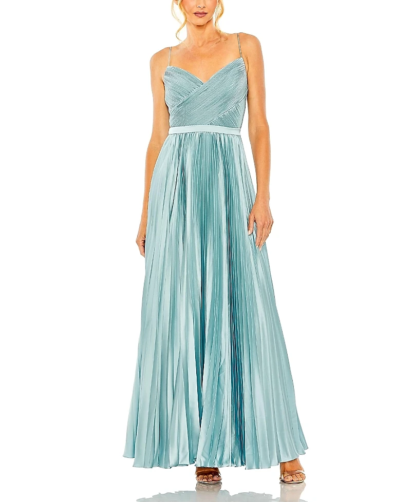 Mac Duggal Slim Strap Surplice Top Pleated Dress