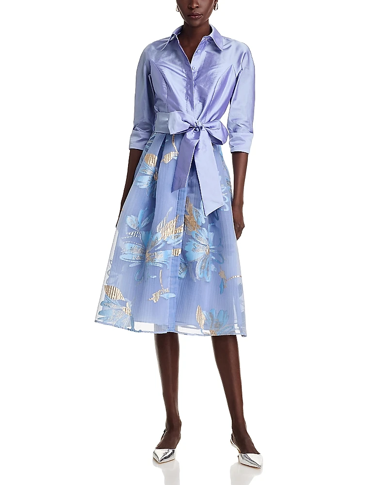 Teri Jon by Rickie Freeman Textured Taffeta Floral Jacquard Shirt Dress