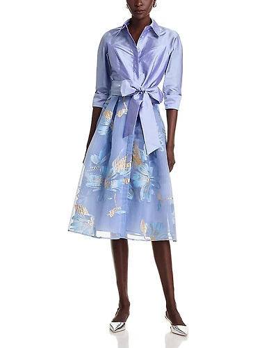 Teri Jon by Rickie Freeman Textured Taffeta Floral Jacquard Shirt Dress