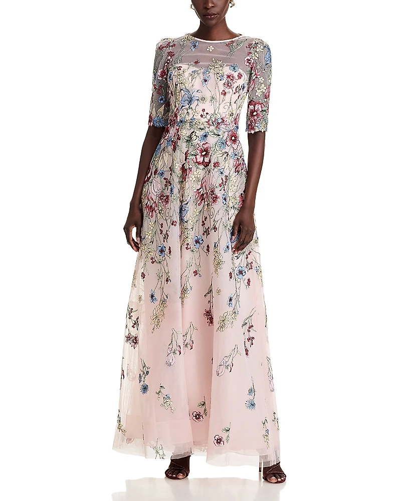 Teri Jon by Rickie Freeman Floral Embroidered Tulle Gown