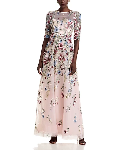 Teri Jon by Rickie Freeman Floral Embroidered Tulle Gown