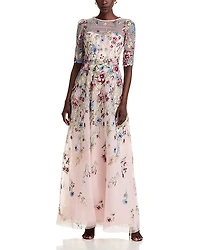Teri Jon by Rickie Freeman Floral Embroidered Tulle Gown