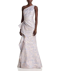 Teri Jon by Rickie Freeman One Shoulder Side Ruched Metallic Gown