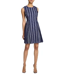 Santorelli Ida Sleeveless Stripe Fringed Denim Shift Dress with Skirt Zipper Detail