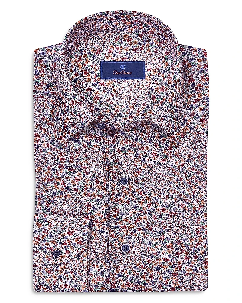 David Donahue Regular Fit Micro Floral Print Linen Sport Shirt