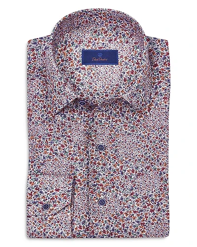 David Donahue Regular Fit Micro Floral Print Linen Sport Shirt