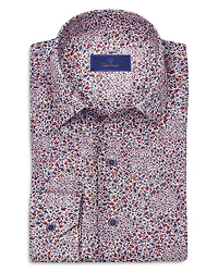 David Donahue Regular Fit Micro Floral Print Linen Sport Shirt