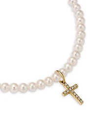 14K Yellow Gold Diamond Small Cross Charm Freshwater Pearl Beaded Bracelet, 0.06 tcw