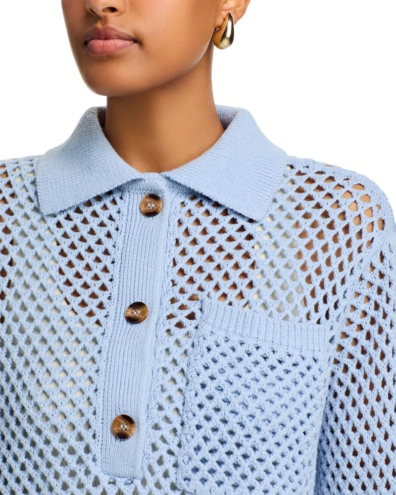 Open Stitch Crochet Polo Sweater - Exclusive