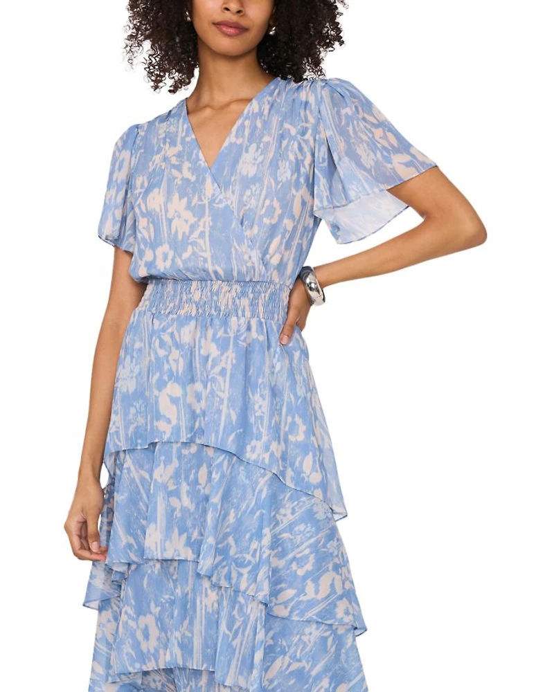 Crossover Flutter Sleeve Tiered Dress