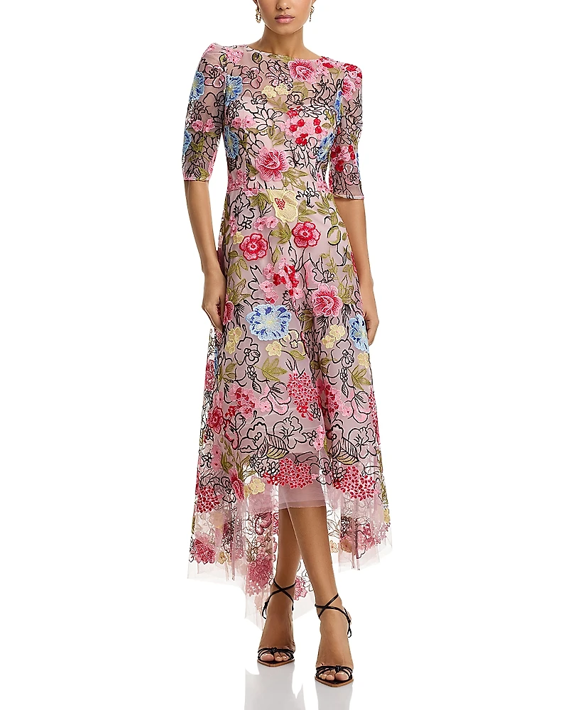 Teri Jon by Rickie Freeman Embroidered Floral High Low Fit and Flare Dress