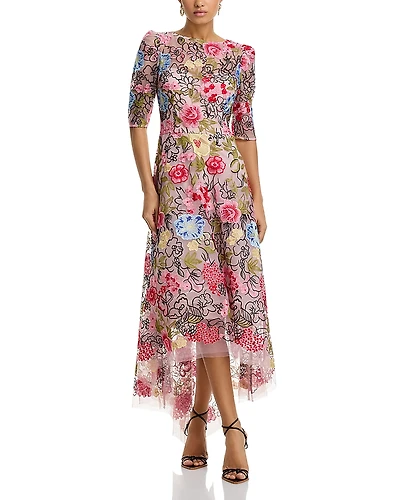 Teri Jon by Rickie Freeman Embroidered Floral High Low Fit and Flare Dress