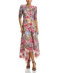 Teri Jon by Rickie Freeman Embroidered Floral High Low Fit and Flare Dress