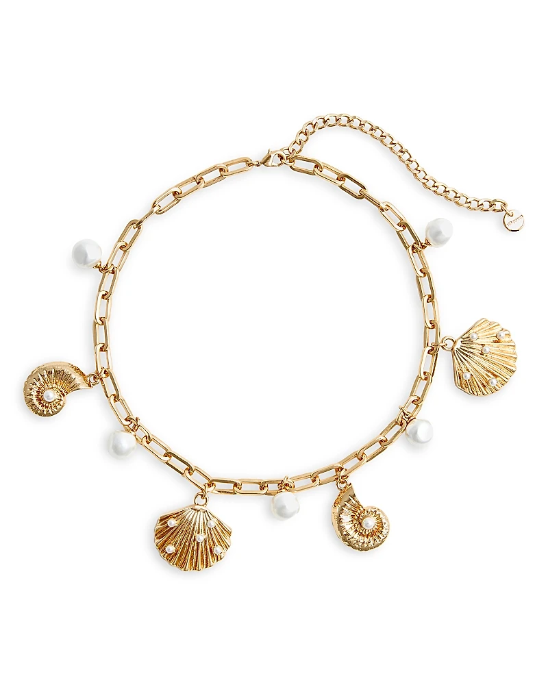 Self Portrait Imitation Pearl Seaside Motif Paperclip Link Collar Necklace, 15-19.3