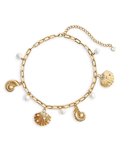 Self Portrait Imitation Pearl Seaside Motif Paperclip Link Collar Necklace, 15-19.3