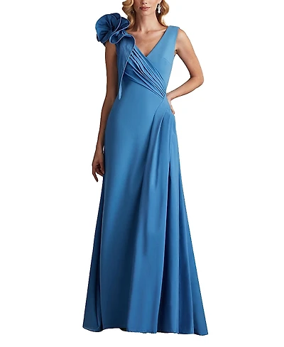 Tadashi Shoji Barlowe Ruffled Shoulder Draped Crepe Gown