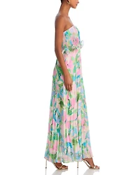Printed Pleated Strapless Dress - Exclusive
