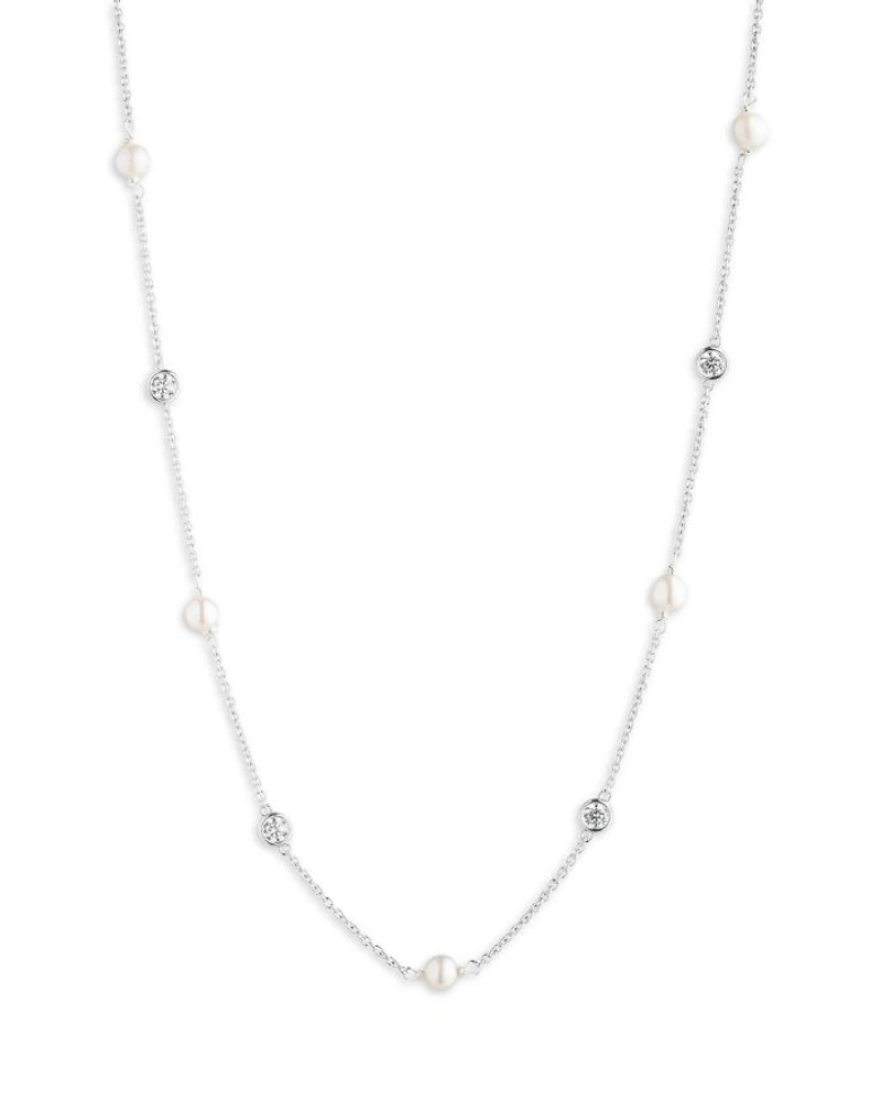 Cubic Zirconia & Cultured Freshwater Pearl Collar Necklace in Sterling Silver, 18"-21"