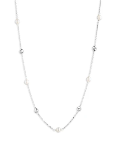 Cubic Zirconia & Cultured Freshwater Pearl Collar Necklace in Sterling Silver, 18"-21"