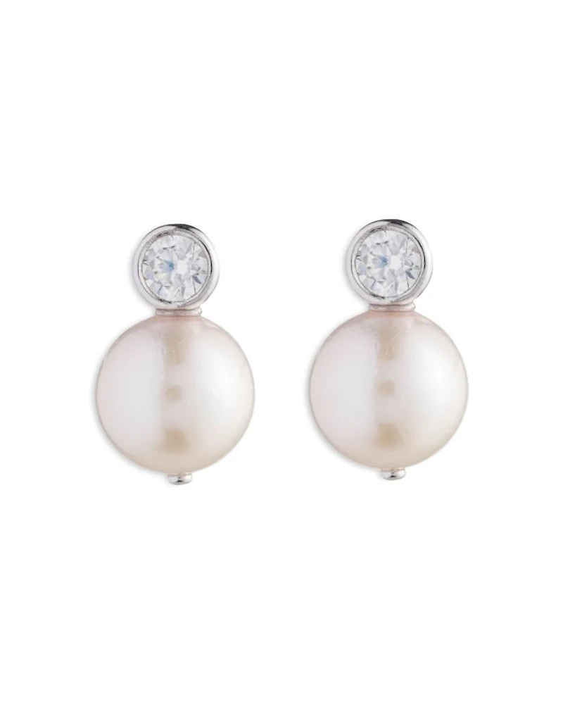 Cubic Zirconia & Cultured Freshwater Pearl Stud Earrings in Sterling Silver