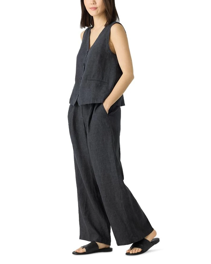 Washed Linen Délavé Pleated Wide Leg Pants