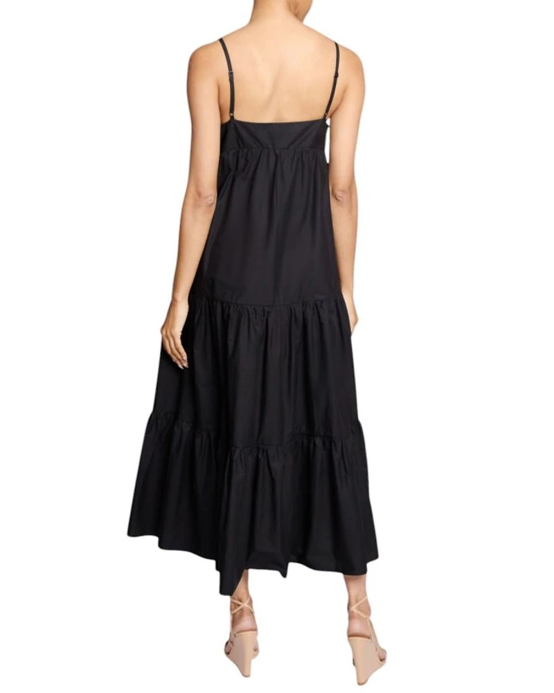 Itzel Sleeveless Multi-Tier Midi Dress with Shoulder Straps and Side Pockets Cotton Poplin